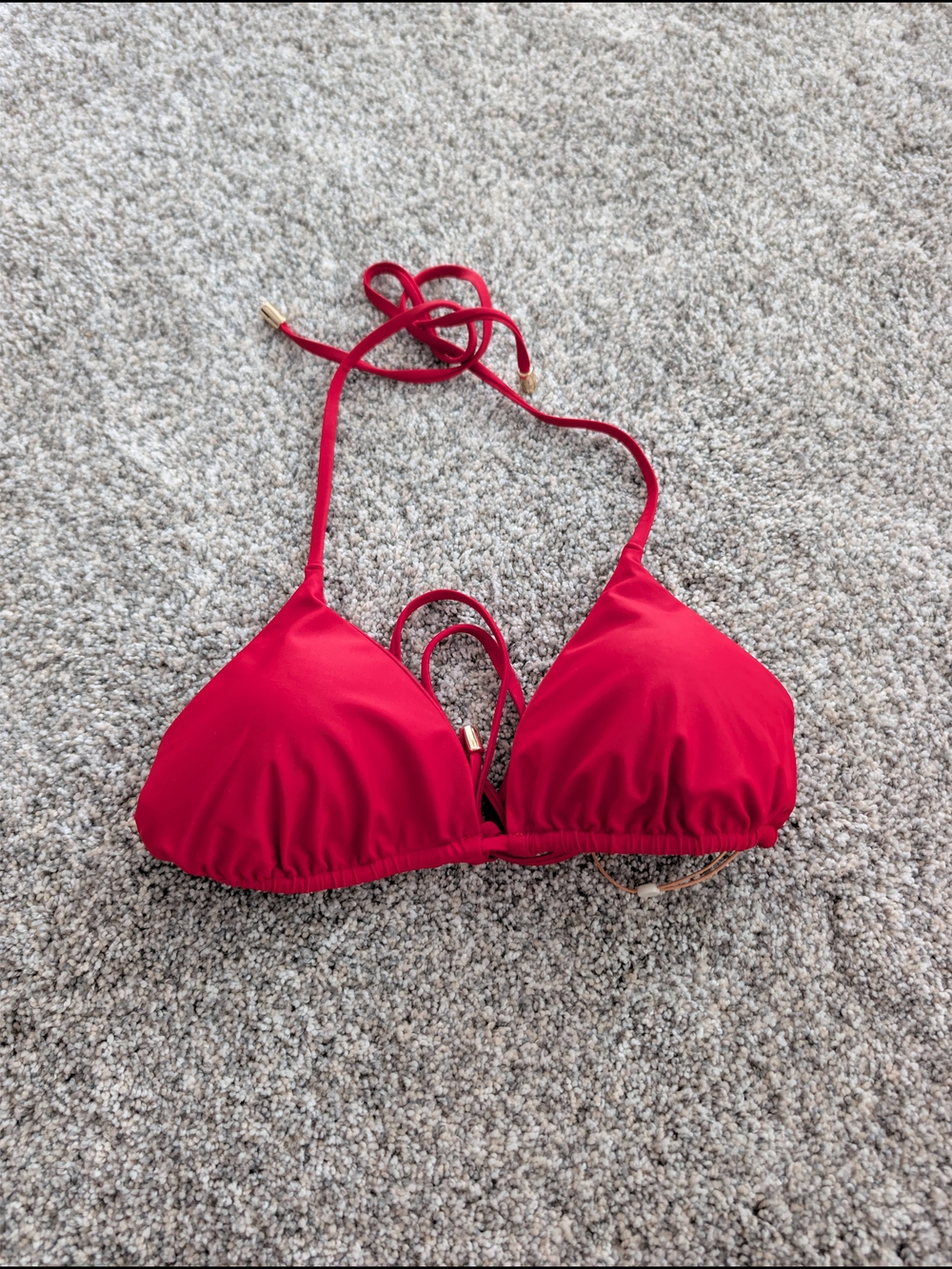 Quince Italian Triangle Bikini Top Cherry Red Medium With Gold Beaded Ties NWT